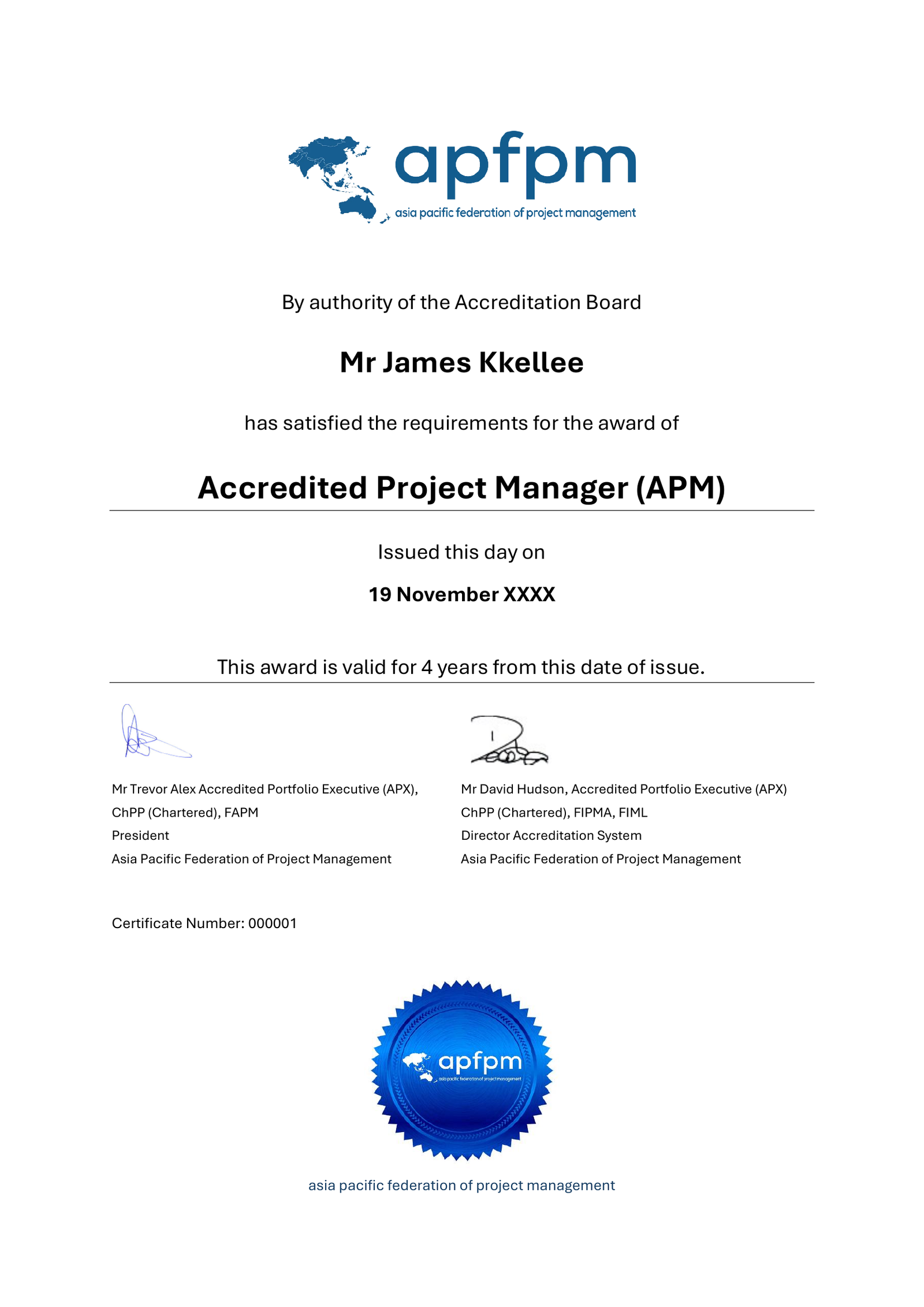 APFPM Sample Accreditation Certificate